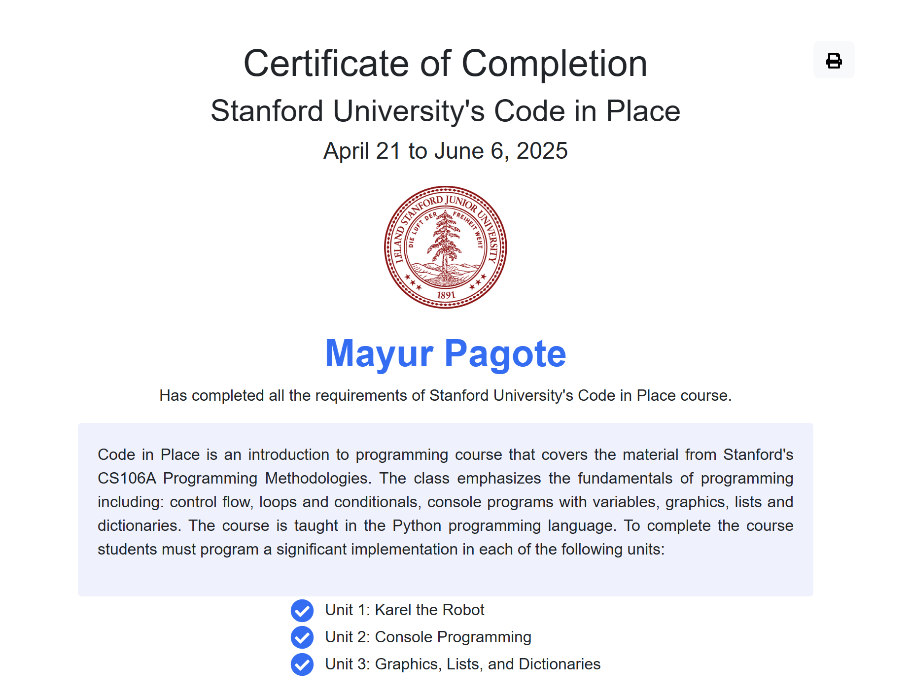 Stanford Certificate